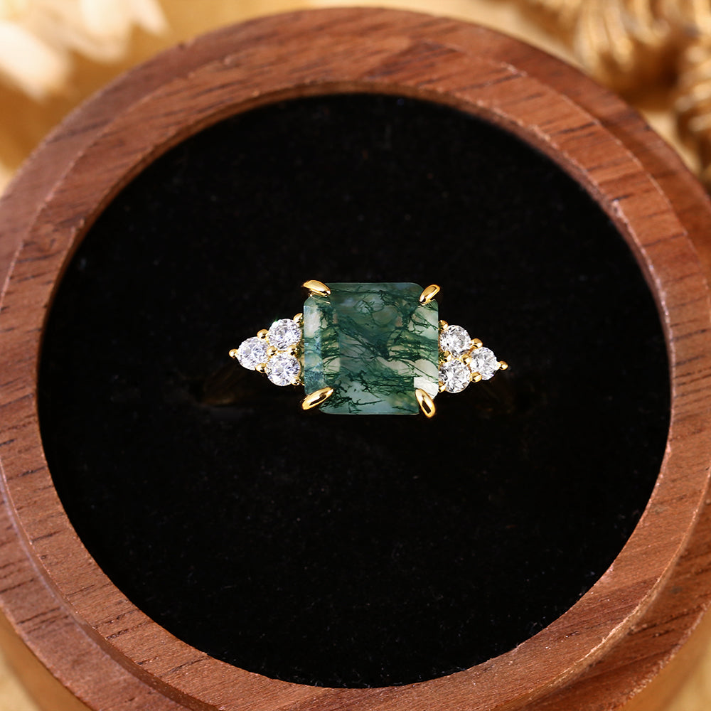Princess Cut Moss Agate Engagement Ring with Cluster Side Accent Stones