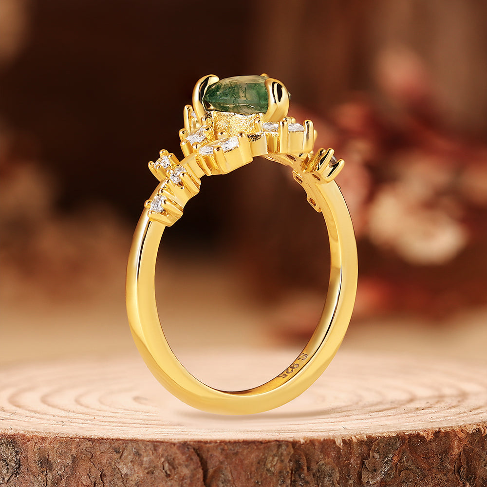 Nature Inspired Leaf Branch Heart Cut Moss Agate Engagement Ring
