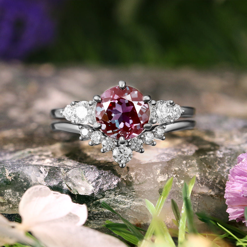 3.02ct Round Cut Lab Alexandrite Vintage Engagement Bridal Ring Set