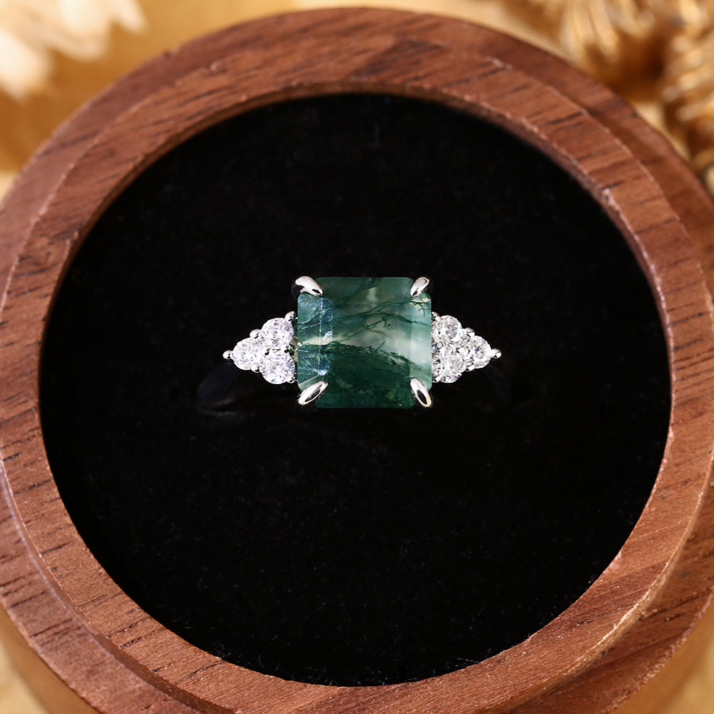 Princess Cut Moss Agate Engagement Ring with Cluster Side Accent Stones
