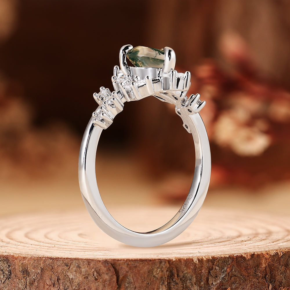 Nature Inspired Leaf Branch Heart Cut Moss Agate Engagement Ring