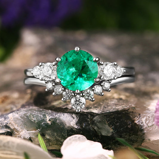 1.70 ct Round Cut Lab Emerald Vintage Five Stone Ring Curved Stacking Ring Bridal Ring Set