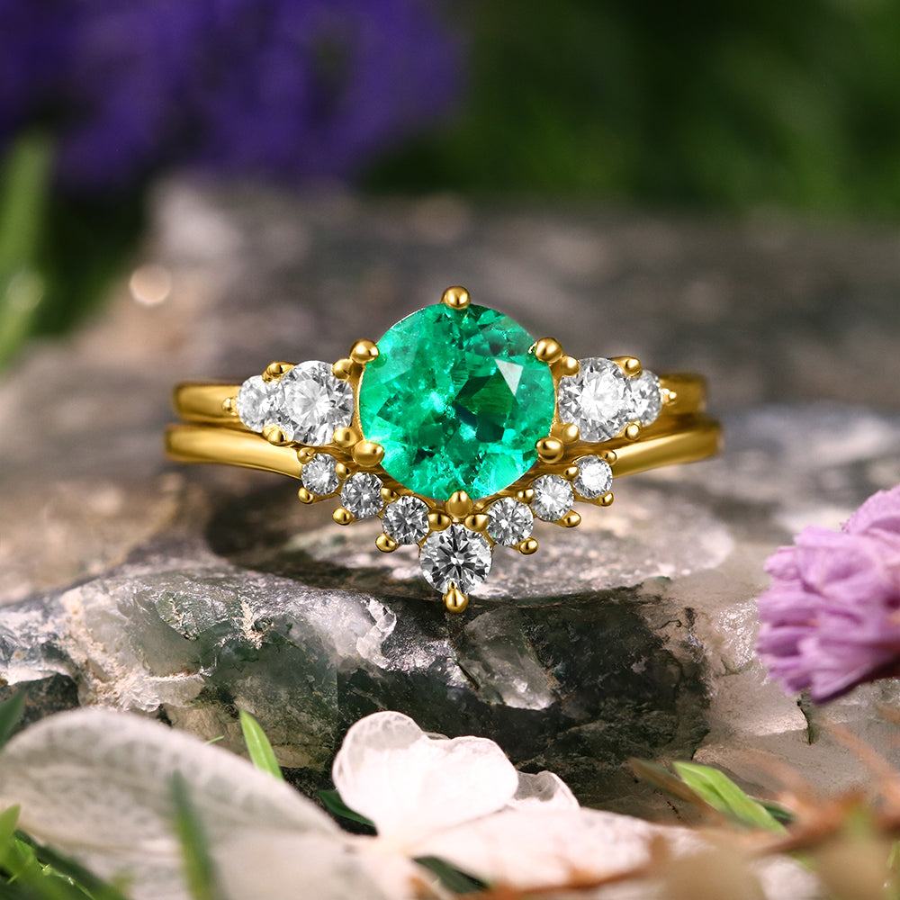 1.87 ct Round Cut Lab Emerald Vintage Five Stone Ring Curved Stacking Ring Bridal Ring Set
