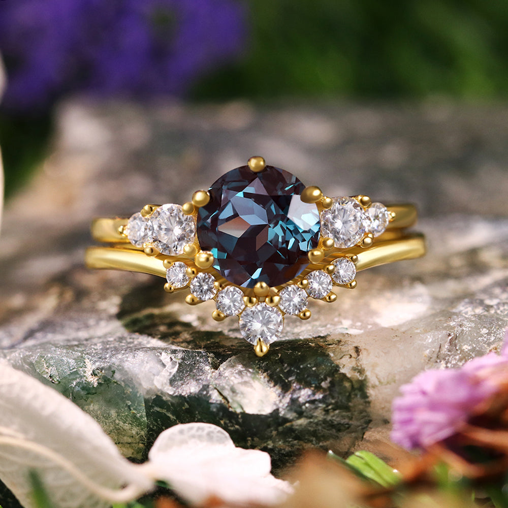 3.02ct Round Cut Lab Alexandrite Vintage Engagement Bridal Ring Set