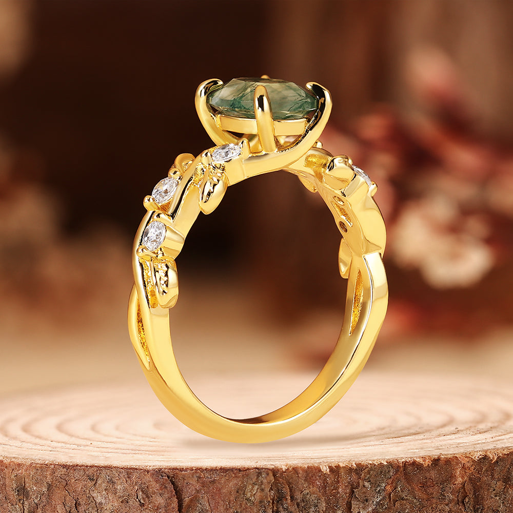 Nature Inspired Leaf Vine Oval Cut Moss Agate Engagement Ring