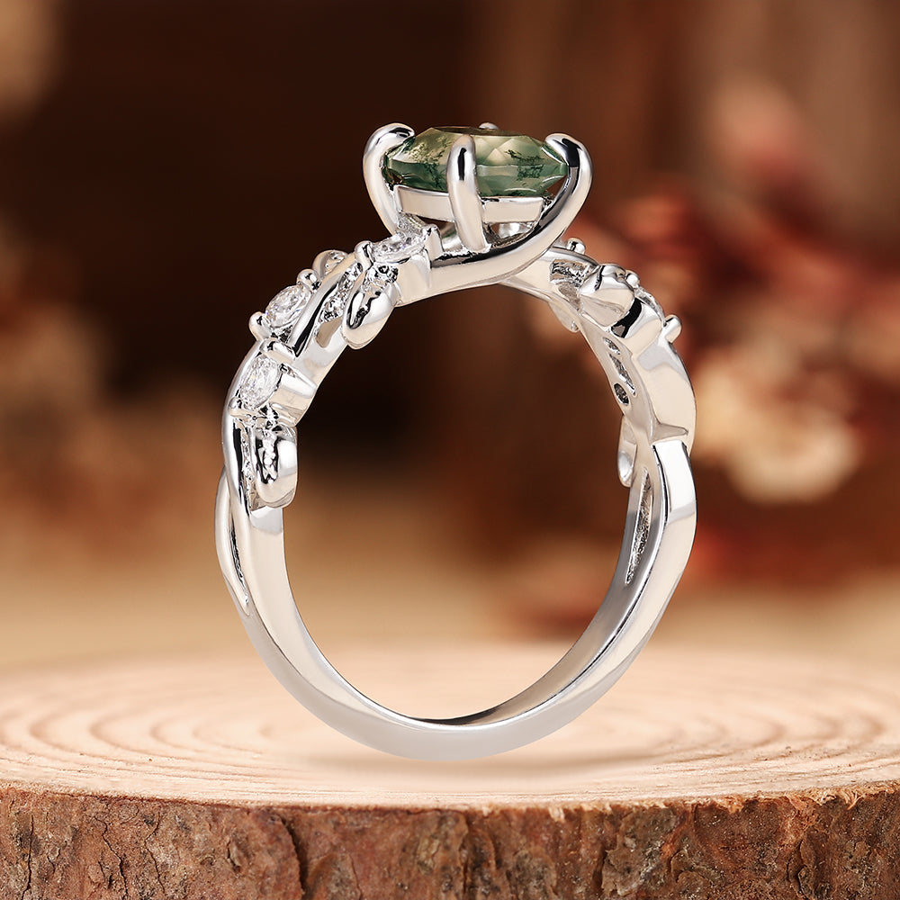 Nature Inspired Leaf Vine Oval Cut Moss Agate Engagement Ring