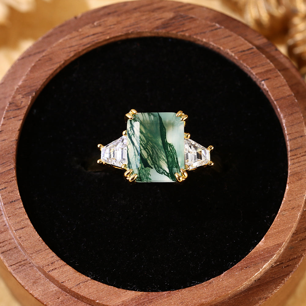 Vintage Emerald Cut Moss Agate Three-Stone Engagement Ring
