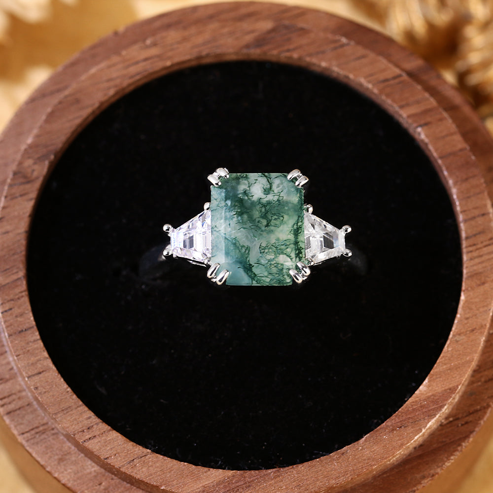 Vintage Emerald Cut Moss Agate Three-Stone Engagement Ring