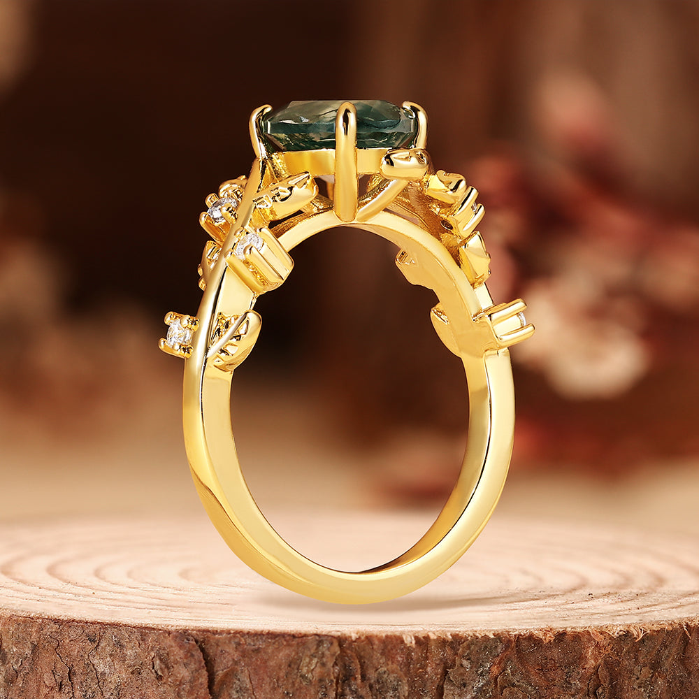 Nature Inspired Oval Cut Moss Agate Leaf & Vine Engagement Ring