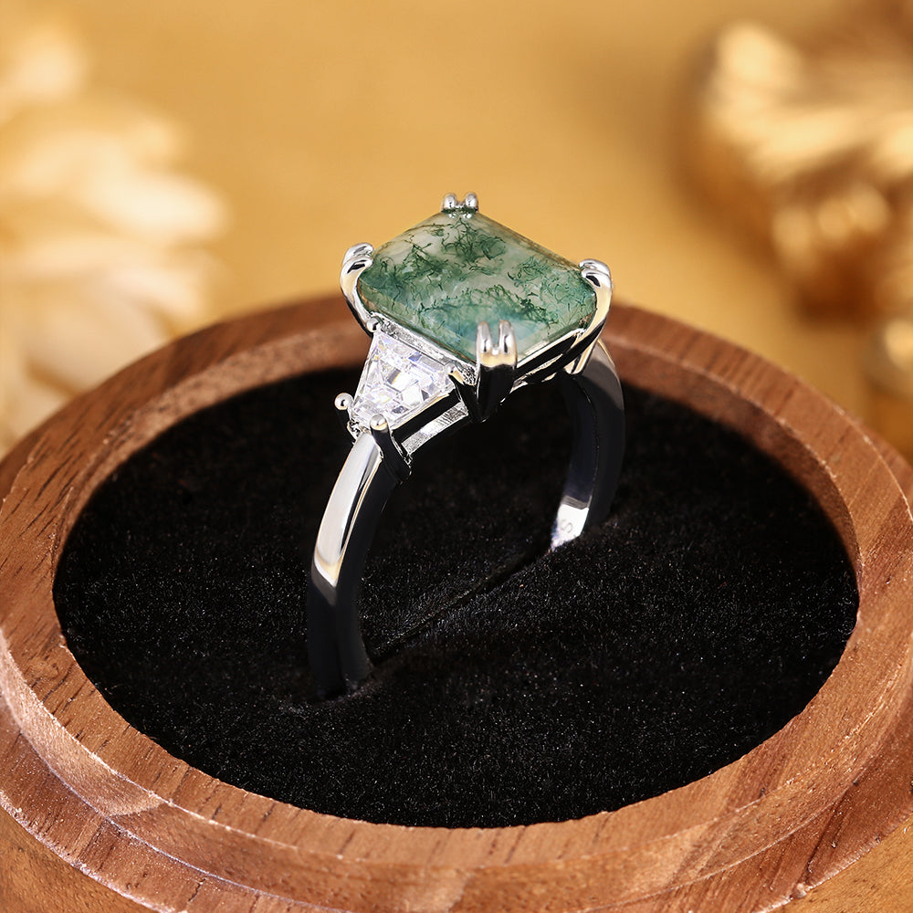 Vintage Emerald Cut Moss Agate Three-Stone Engagement Ring