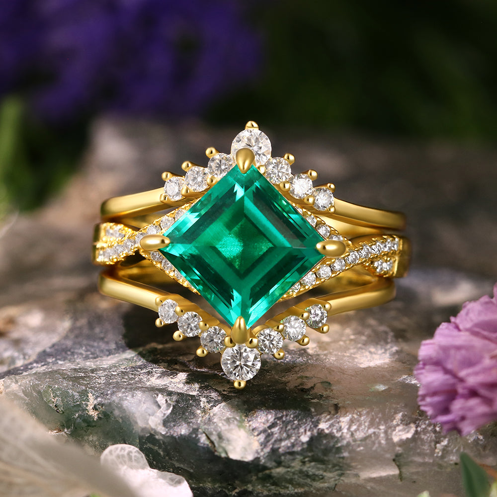 2.48 ct Square Cut Lab Emerald Vintage Twsited Ring Curved Stacking Ring Bridal Ring Set