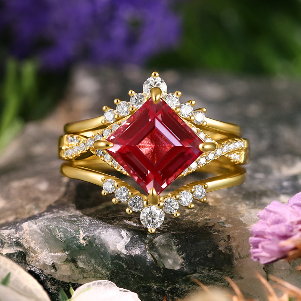 2.48 ct Square Cut Lab Alexandrite Vintage Twsited Ring Curved Stacking Ring Bridal Ring Set