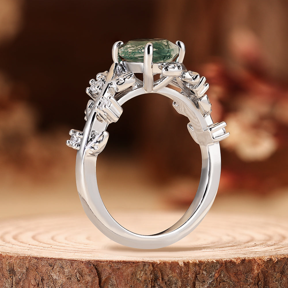 Nature Inspired Oval Cut Moss Agate Leaf & Vine Engagement Ring