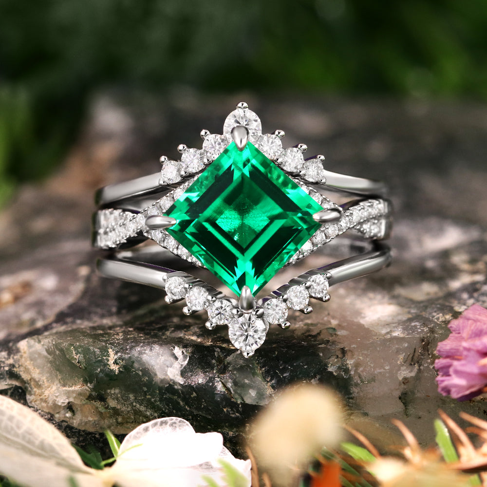 2.48 ct Square Cut Lab Emerald Vintage Twsited Ring Curved Stacking Ring Bridal Ring Set