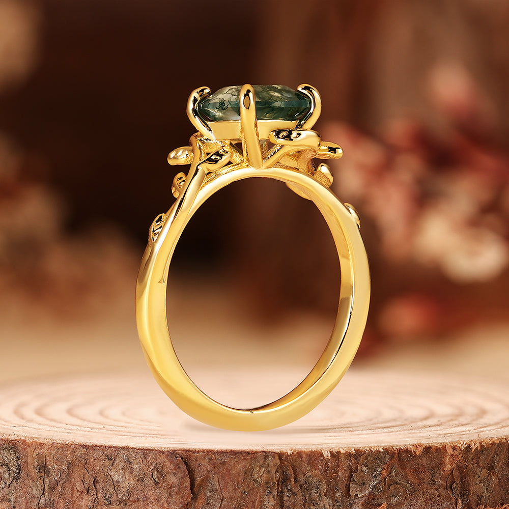 Nature Inspired Leaf Vine Cushion Cut Moss Agate Engagement Ring