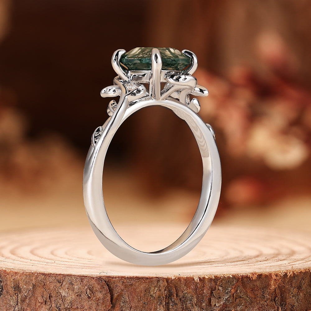 Nature Inspired Leaf Vine Cushion Cut Moss Agate Engagement Ring