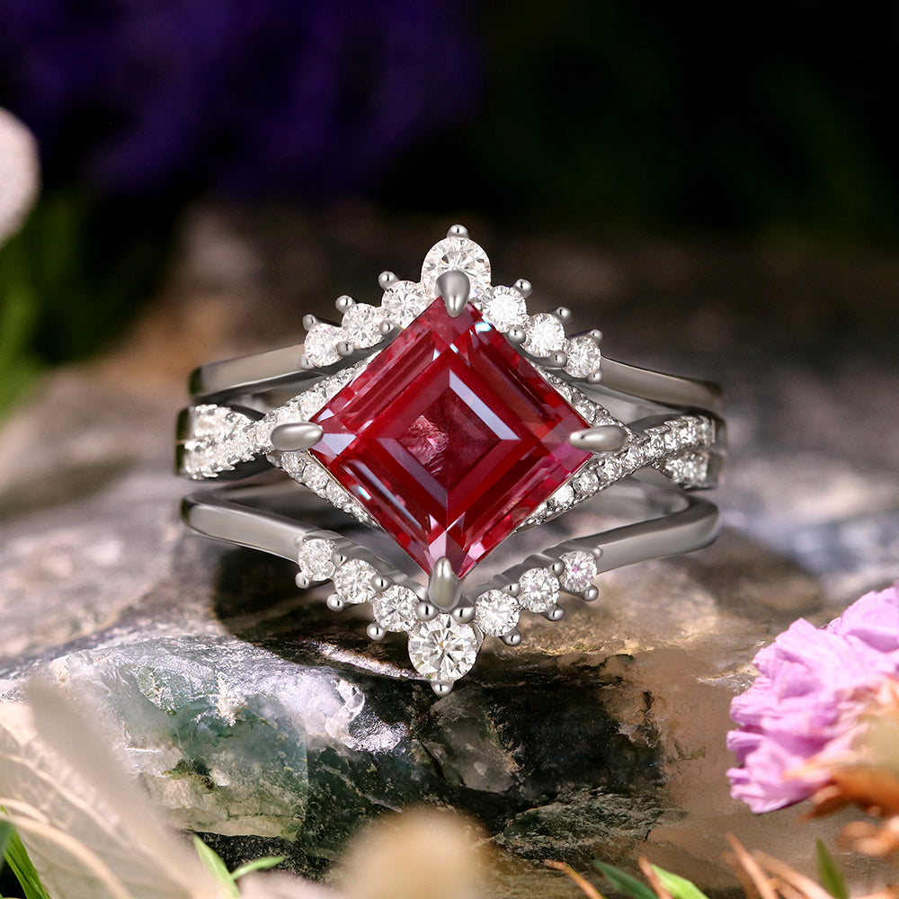 2.48 ct Square Cut Lab Alexandrite Vintage Twsited Ring Curved Stacking Ring Bridal Ring Set