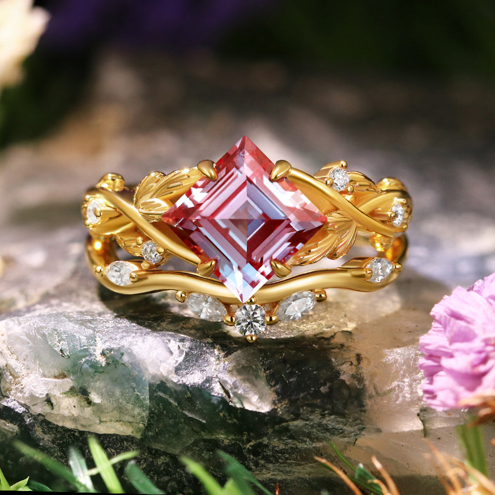 2.42 ct Princess Cut Lab Alexandrite Engagement Ring Leaf Branch Nature Inspired Bridal Ring Set