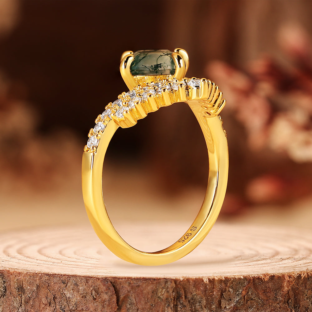 Vintage Natural Cushion Cut Moss Agate Engagement Ring