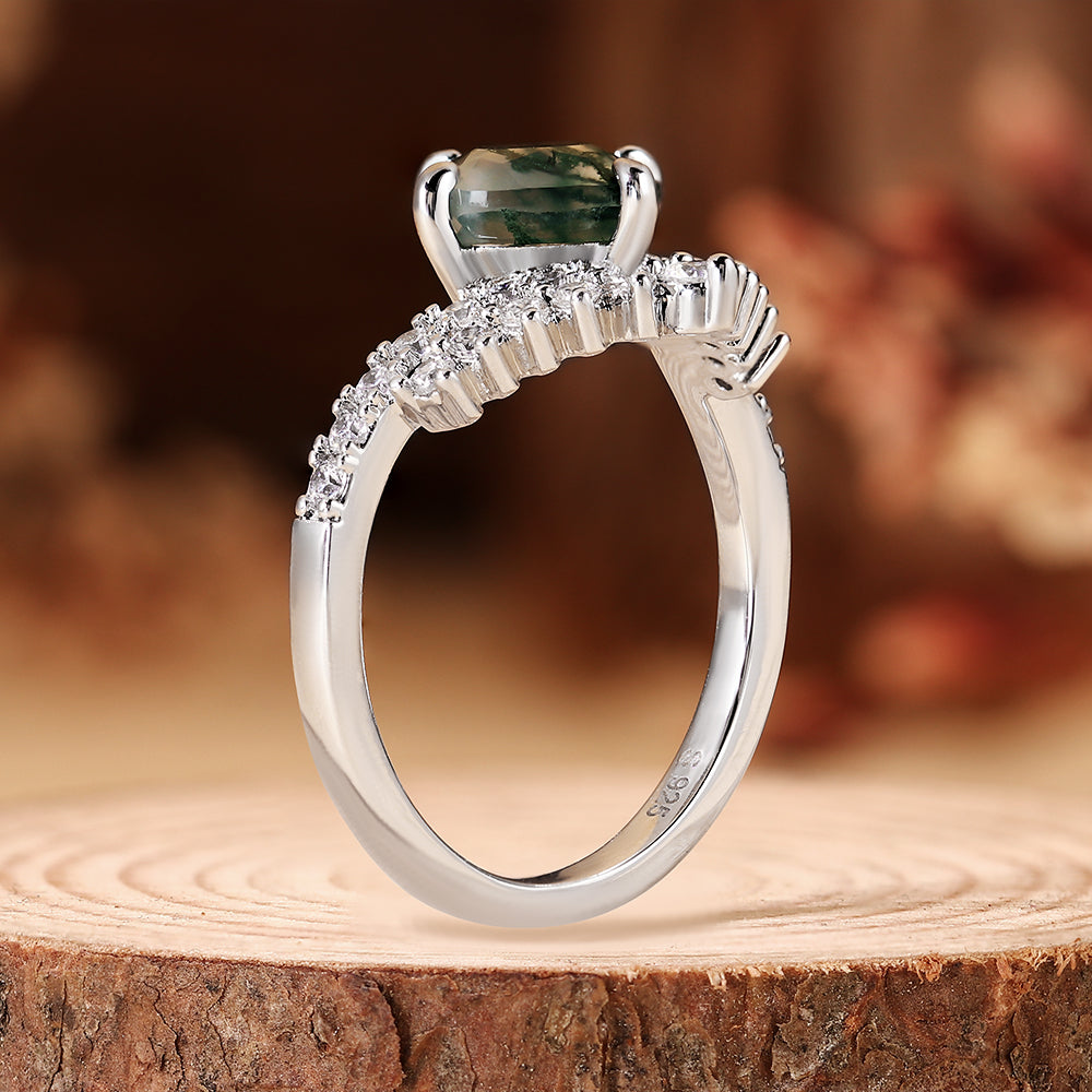 Vintage Natural Cushion Cut Moss Agate Engagement Ring