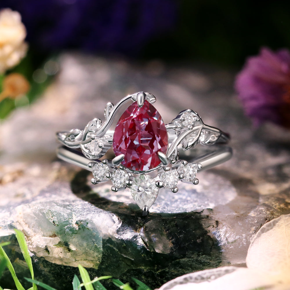 1.85ct Pear Cut Lab Alexandrite Twig Leaf  Engagement Bridal Ring Set