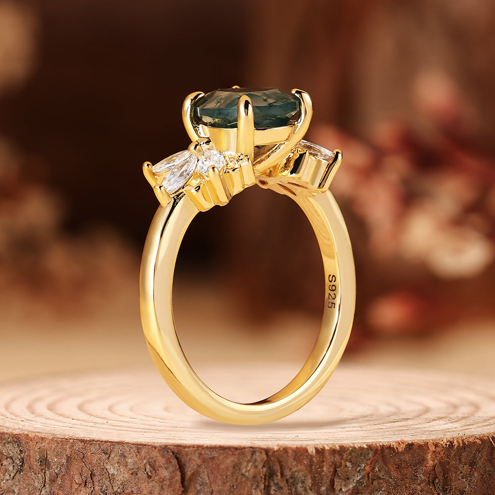 Botanical Pear Cut Moss Agate Vintage Marquise Cluster Leaf Engagement Ring