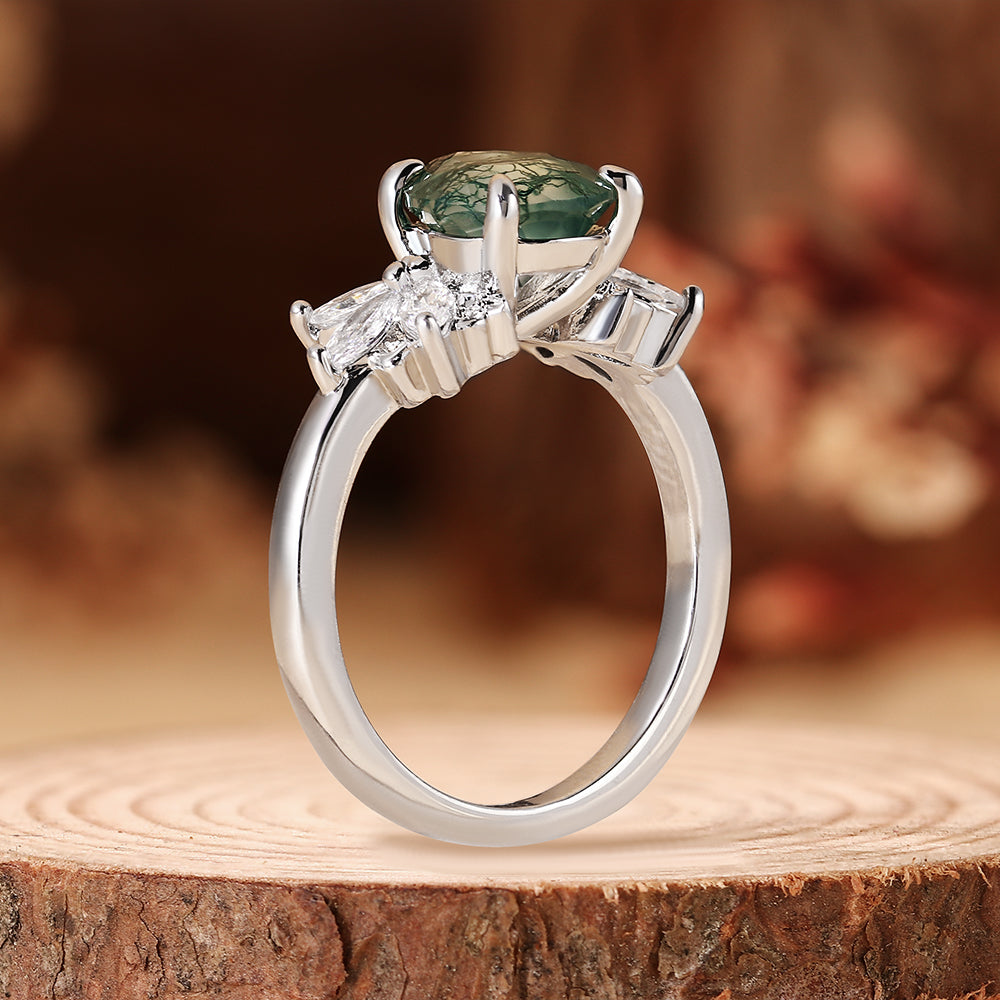 Botanical Pear Cut Moss Agate Vintage Marquise Cluster Leaf Engagement Ring