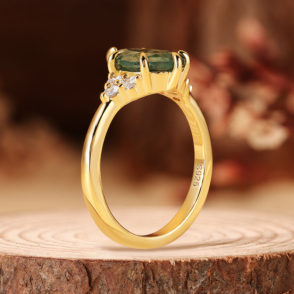 Nature Inspired Unique Pear Cut Moss Agate Vintage Cluster Engagement Ring