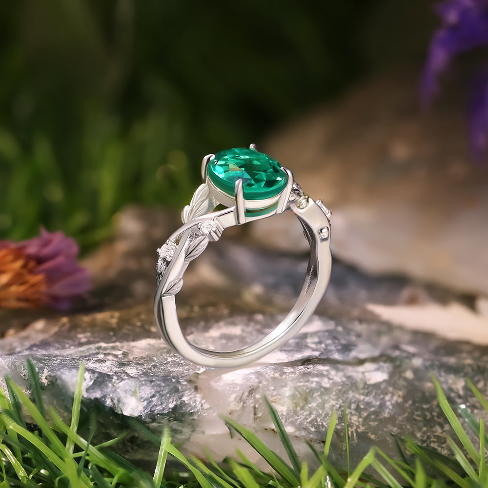 1.88 ct Oval Cut Lab Emerald Accents Nature Inspired Leaf Branch Twist Engagement Ring