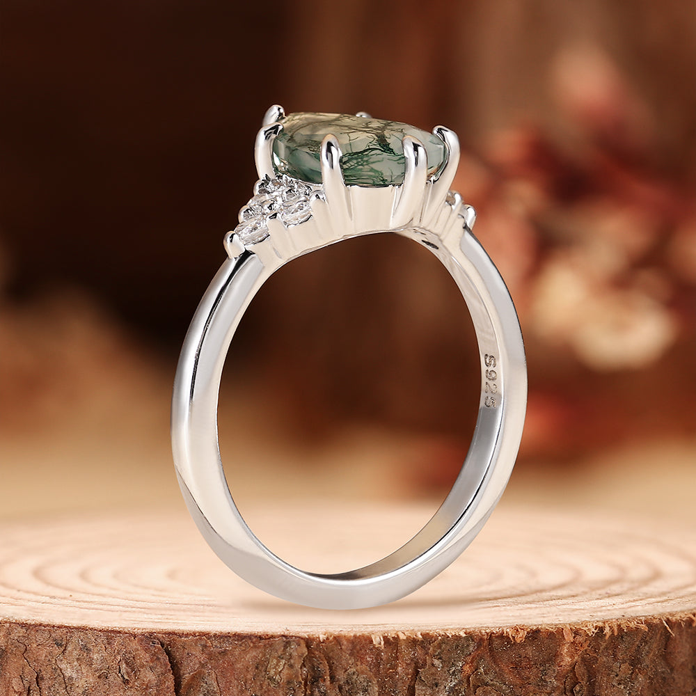 Nature Inspired Unique Pear Cut Moss Agate Vintage Cluster Engagement Ring