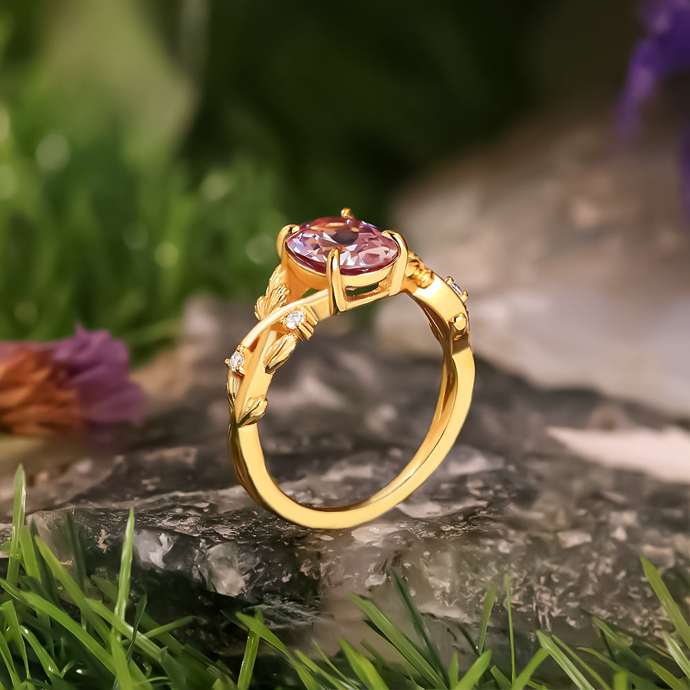 2.06ct Oval Cut Lab Alexandrite Accents Nature Inspired Leaf Branch Twist Engagement Ring