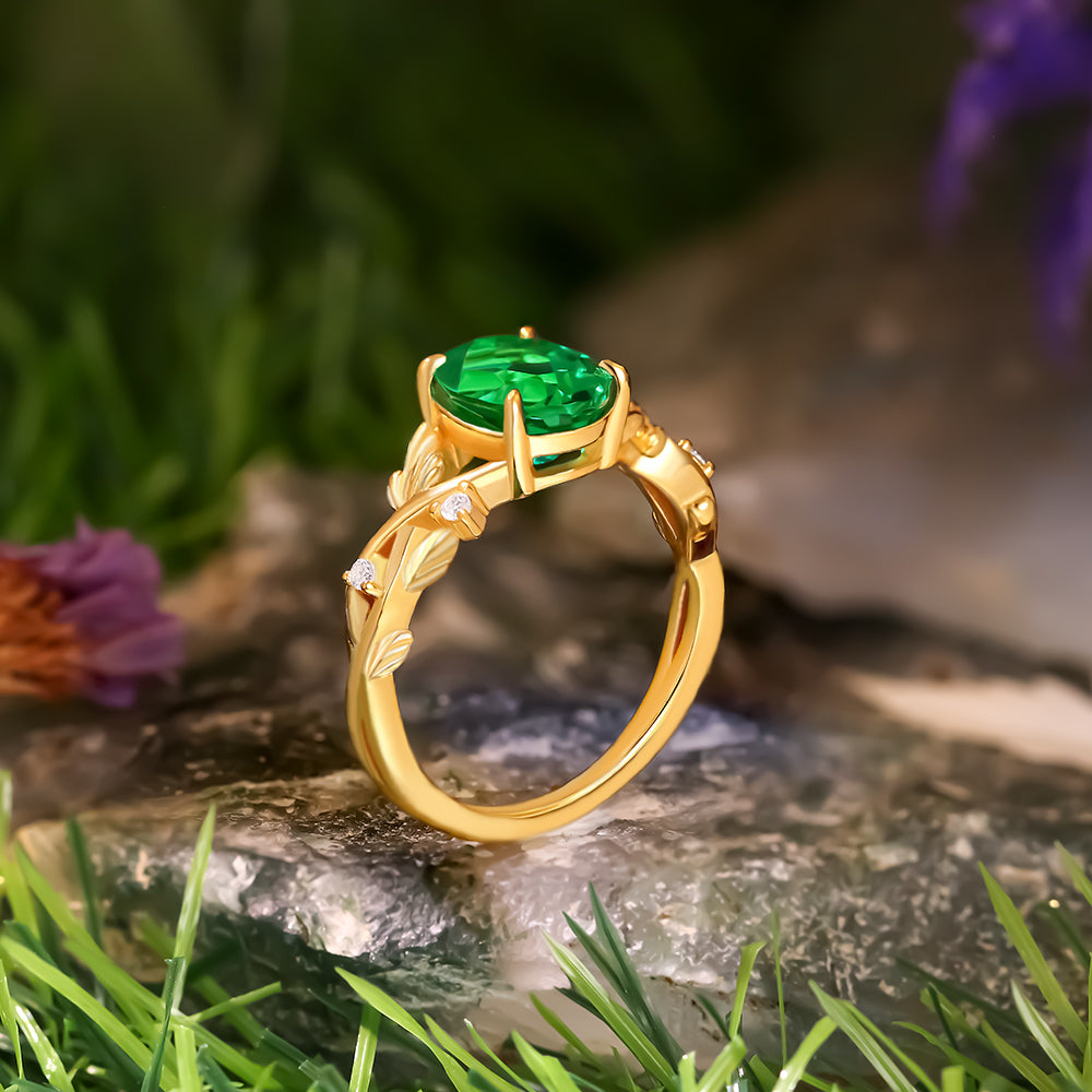 1.88 ct Oval Cut Lab Emerald Accents Nature Inspired Leaf Branch Twist Engagement Ring