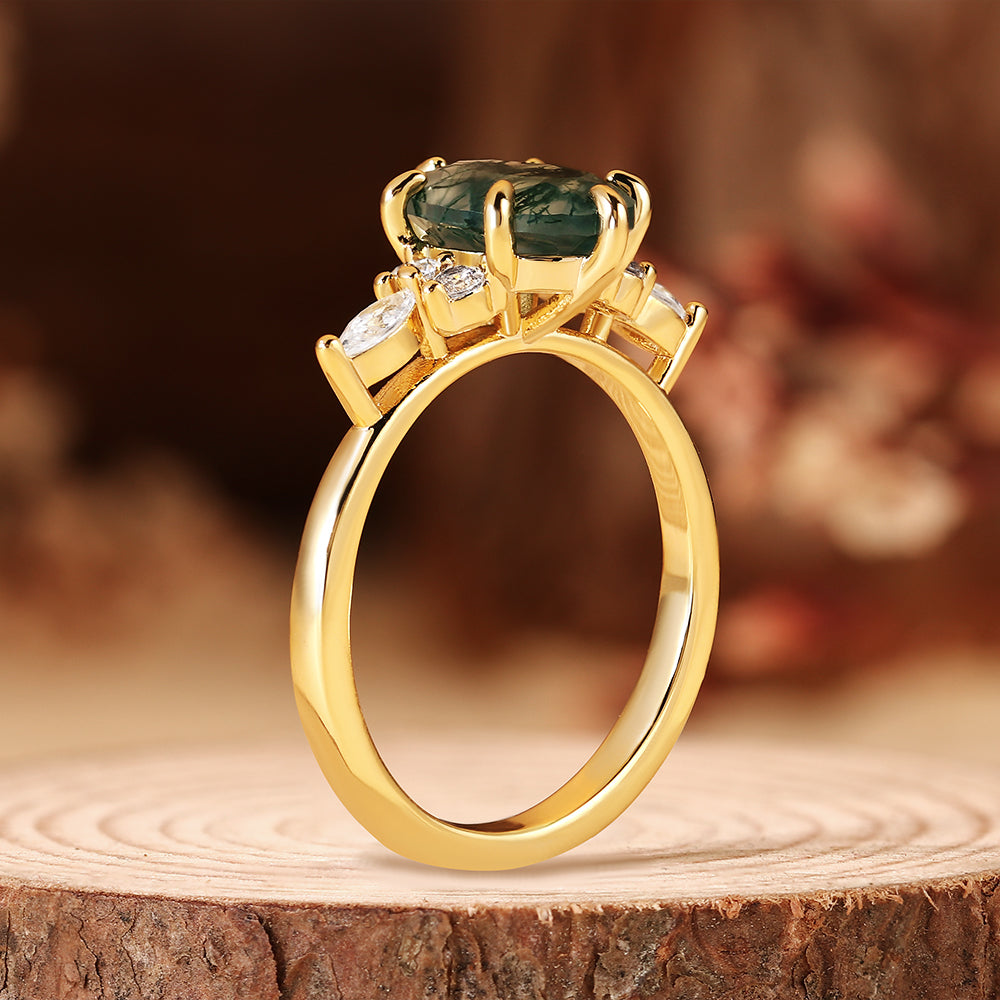 Nature Inspired Oval Cut Moss Agate Cluster Engagement Ring