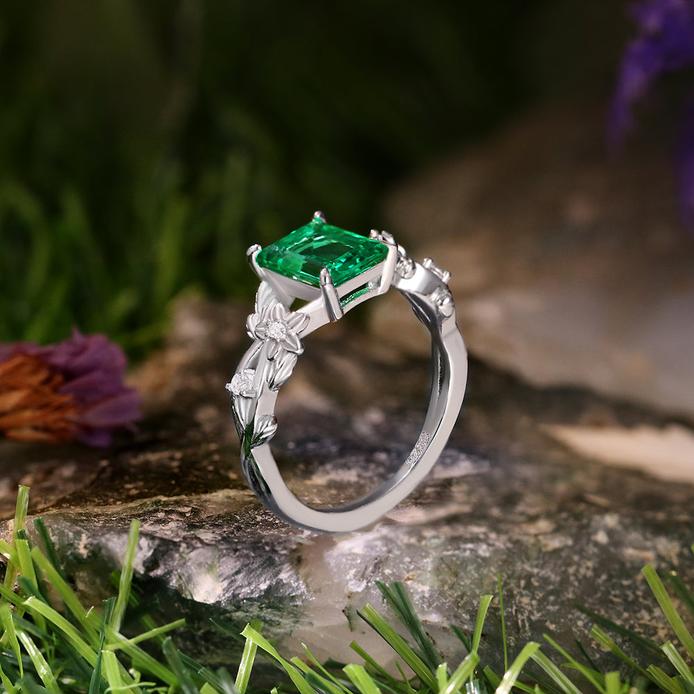 1.48 ct Emerald Cut Lab Emerald Nature Inspired Floral And Leaf Twist Engagement  Ring