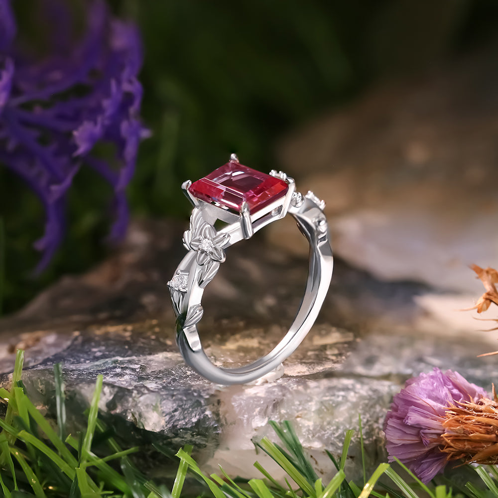 1.79 ct Emerald Cut Lab Alexandrite Nature Inspired Floral And Leaf Twist Engagement  Ring