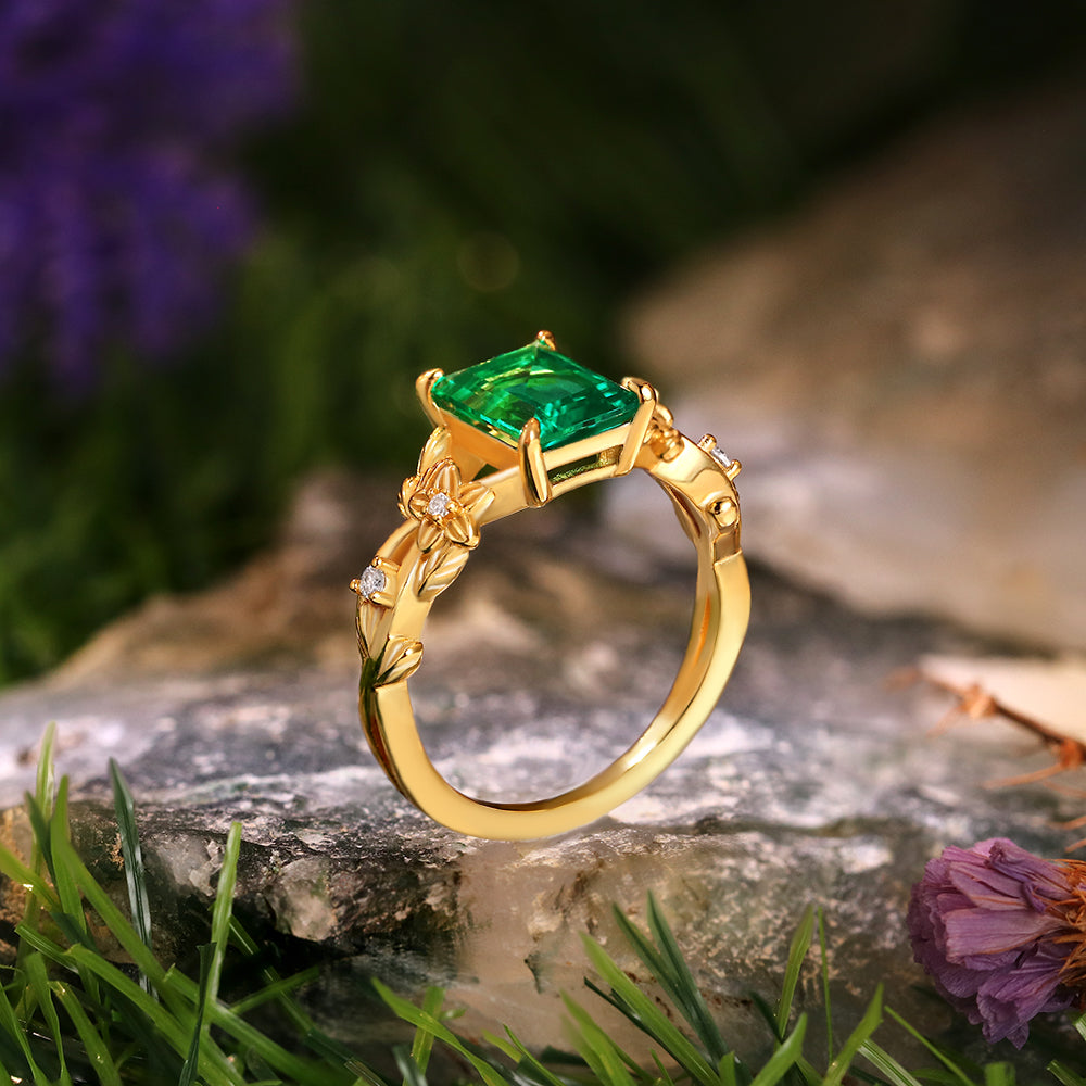 1.48 ct Emerald Cut Lab Emerald Nature Inspired Floral And Leaf Twist Engagement  Ring