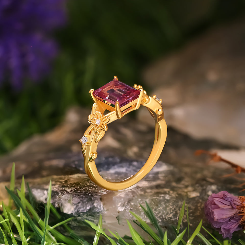 1.79 ct Emerald Cut Lab Alexandrite Nature Inspired Floral And Leaf Twist Engagement  Ring