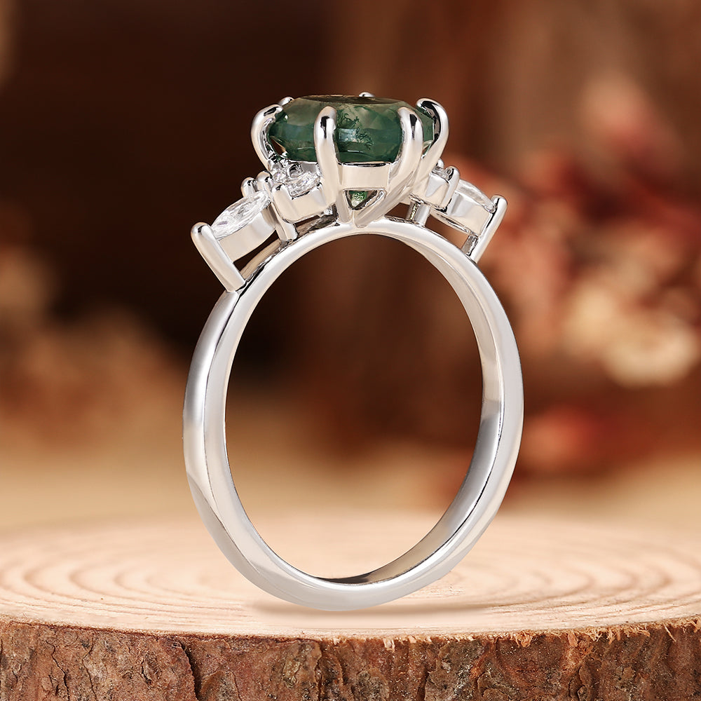 Nature Inspired Oval Cut Moss Agate Cluster Engagement Ring