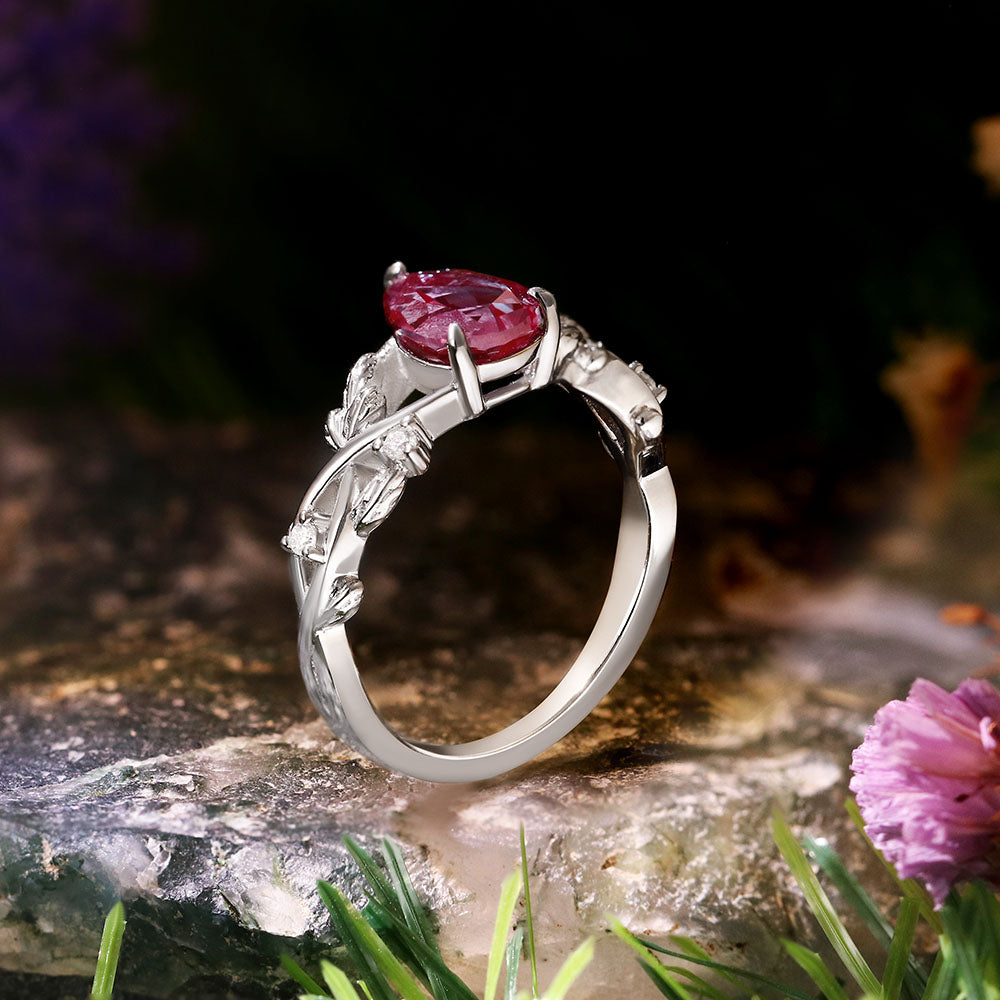 1.61ct Pear Cut Lab Alexandrite Nature Inspired Twig Leaf  Engagement Ring