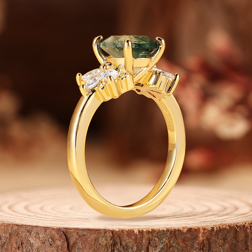 Nature Inspired Oval Cut Moss Agate Engagement Ring with Marquise Accent Cluster