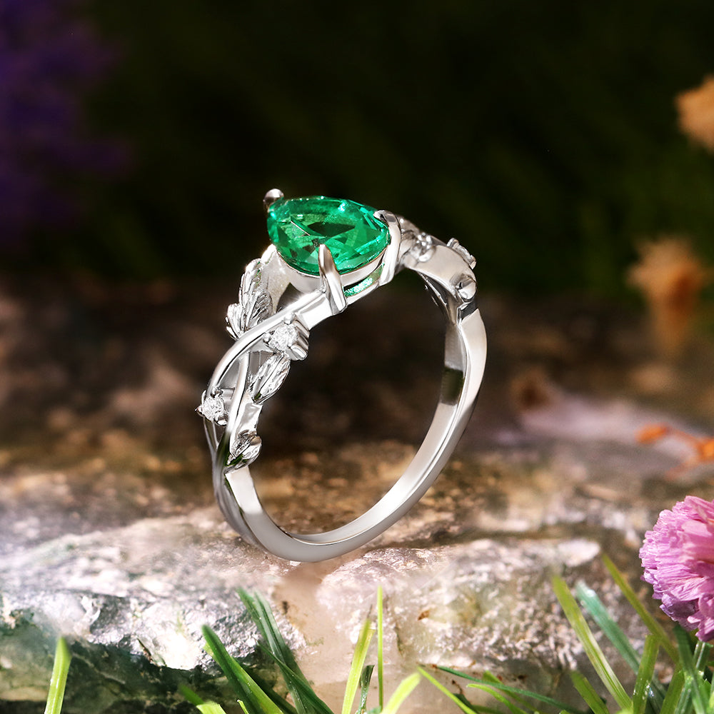 1.06ct Pear Cut Lab Emerald Nature Inspired Twig Leaf  Engagement Ring