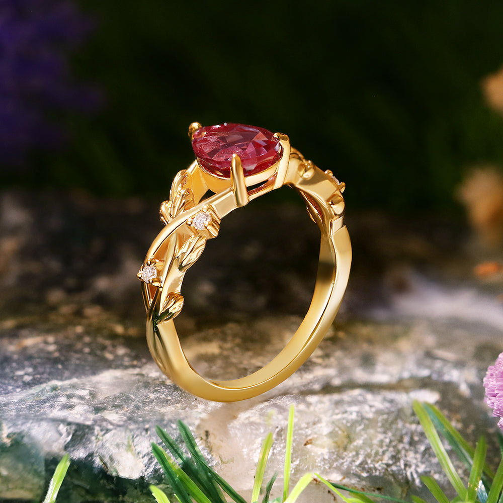 1.61ct Pear Cut Lab Alexandrite Nature Inspired Twig Leaf  Engagement Ring