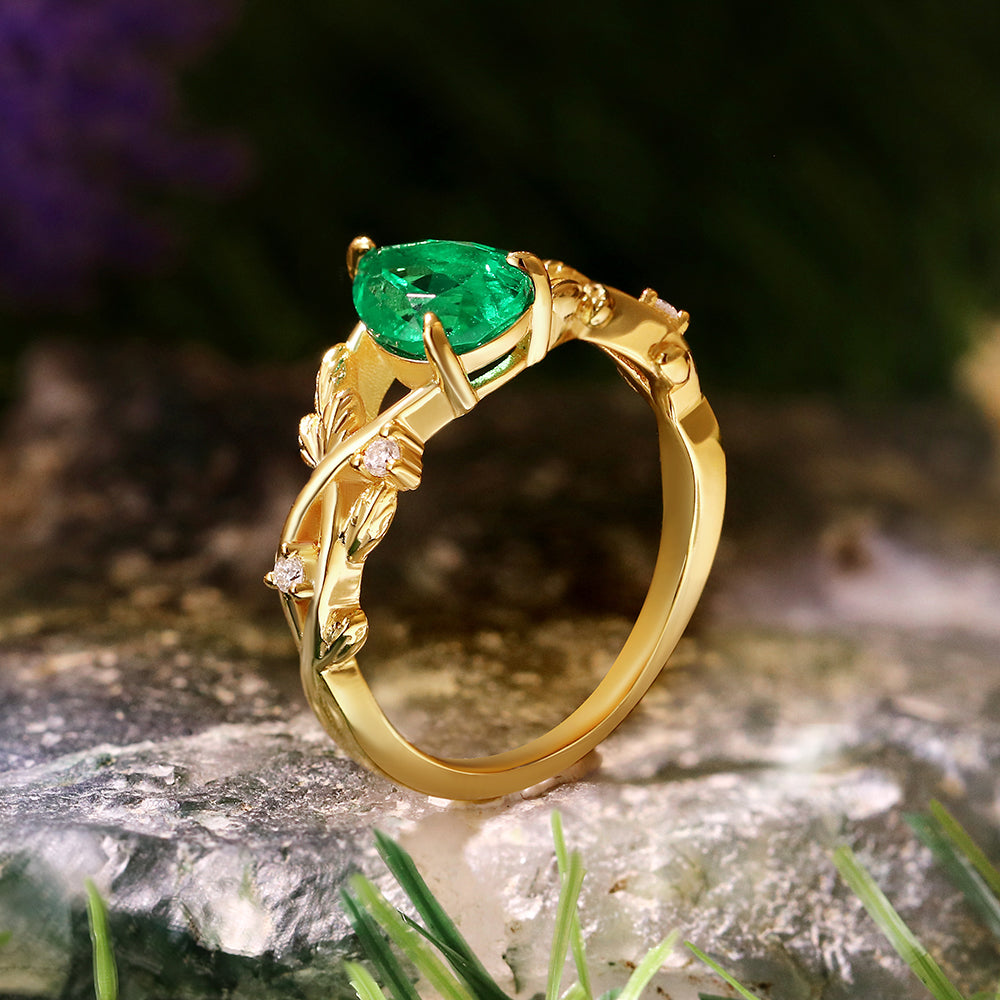 1.06ct Pear Cut Lab Emerald Nature Inspired Twig Leaf  Engagement Ring