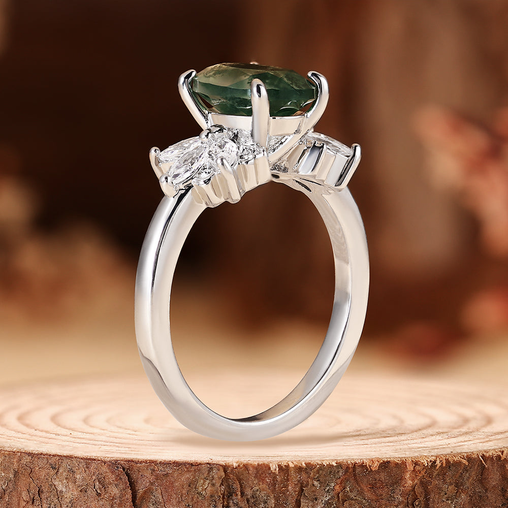 Nature Inspired Oval Cut Moss Agate Engagement Ring with Marquise Accent Cluster