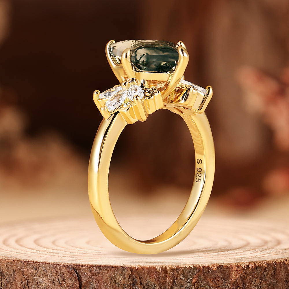Nature Inspired Kite Cut Moss Agate Vintage Cluster Engagement Ring
