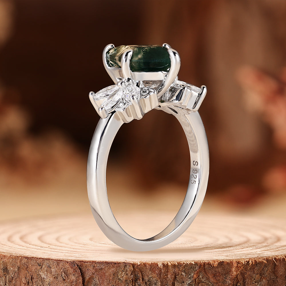 Nature Inspired Kite Cut Moss Agate Vintage Cluster Engagement Ring