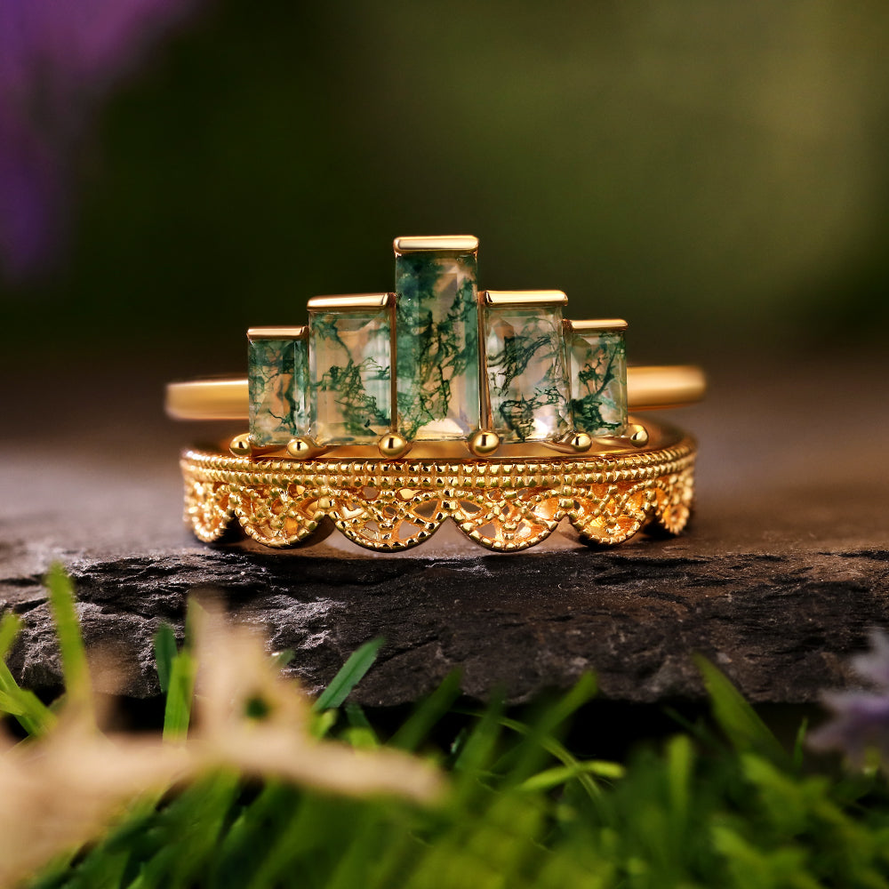 Baguette Cut Moss Agate Nature Inspired Tiered Filigree Art Deco Bridal Ring Set