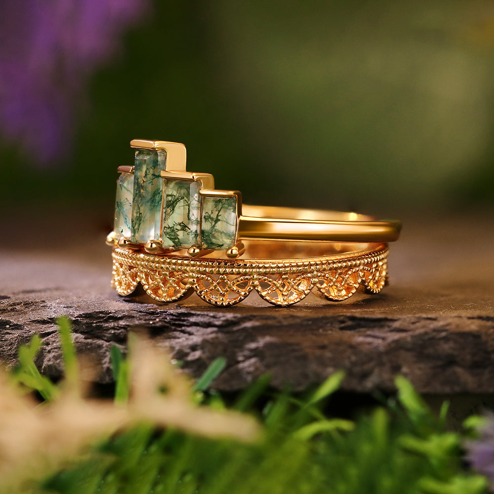 Baguette Cut Moss Agate Nature Inspired Tiered Filigree Art Deco Bridal Ring Set