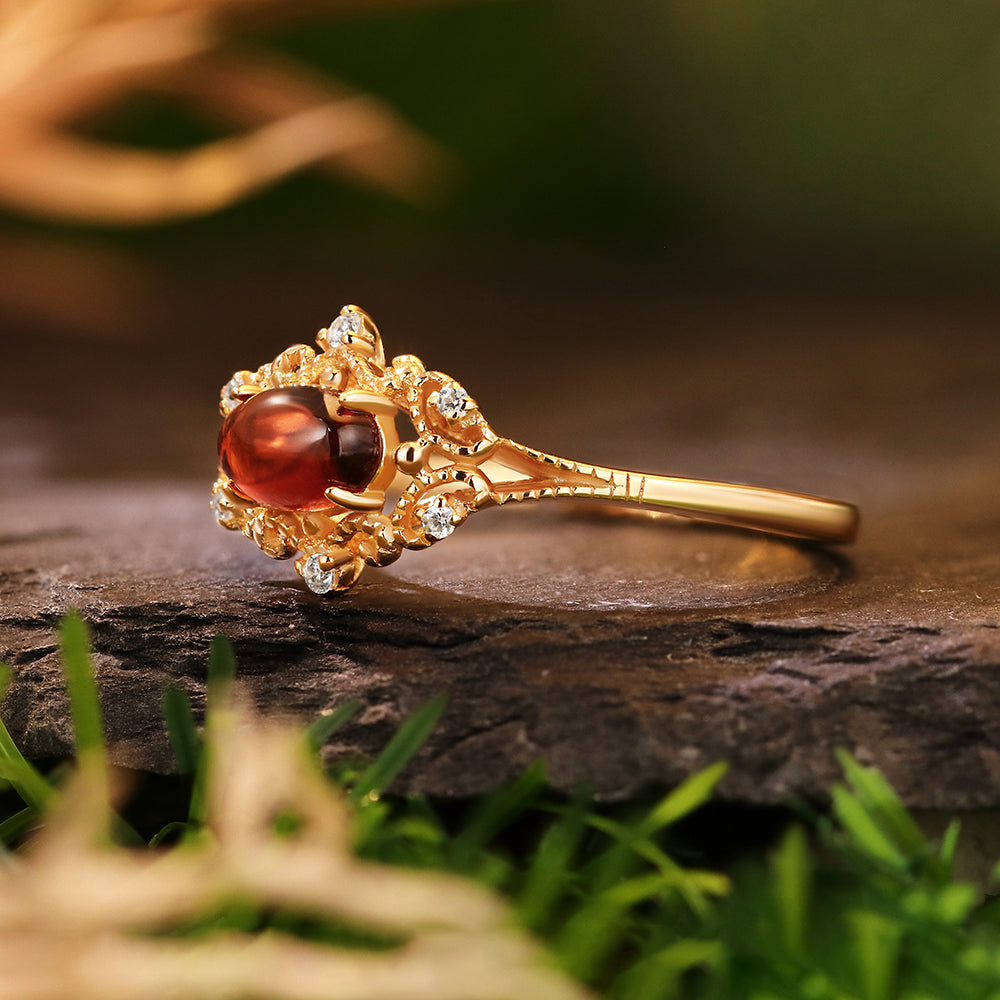 5x7mm Oval Cut Garnet Vintage Inspired Filigree Diamond Accent Engagement Ring