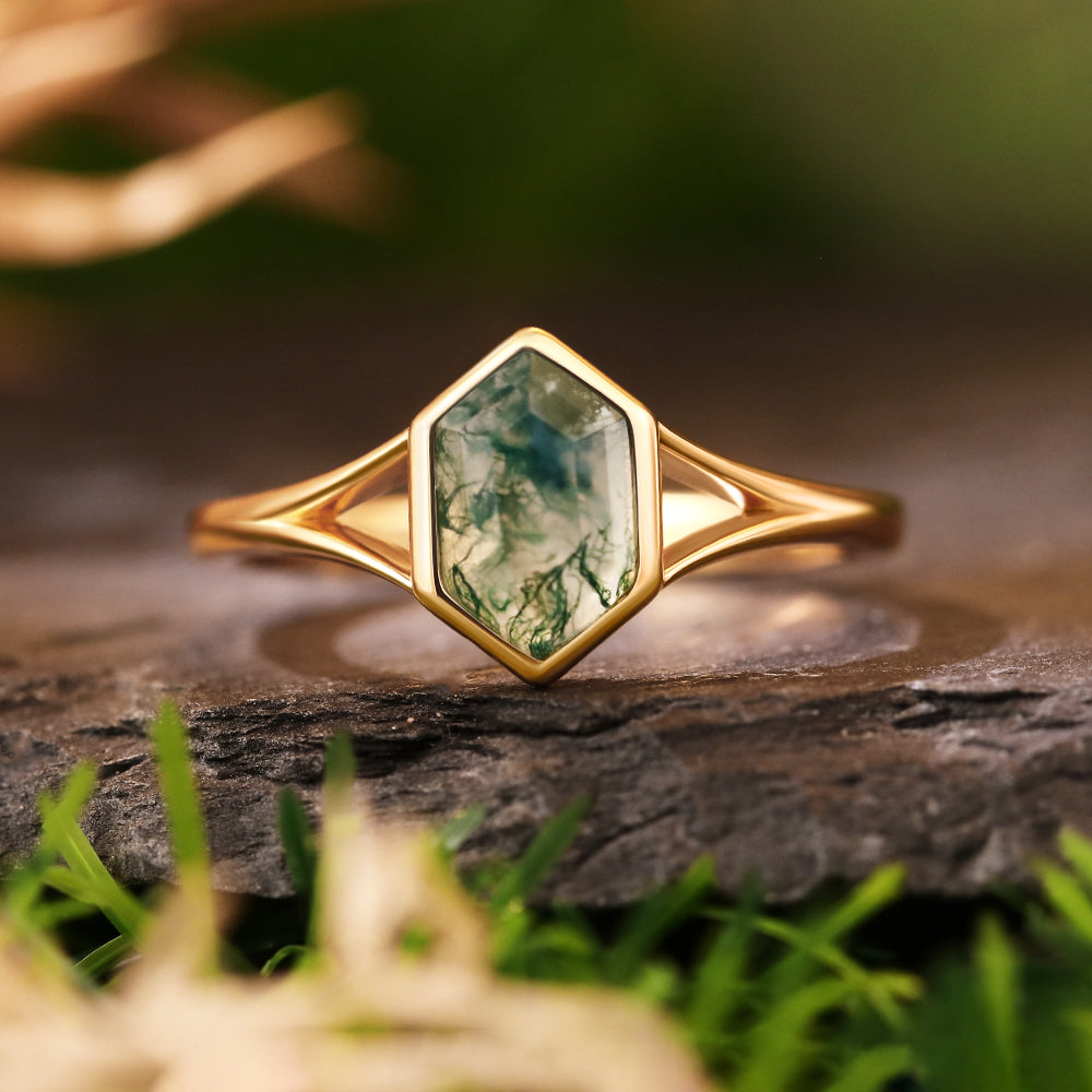 6x10mm Hexagon Cut Moss Agate Nature Inspired Geometric Openwork Engagement Ring